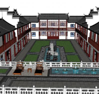 徽派中式合院室外广场SU模型下载_sketchup草图大师SKP模型