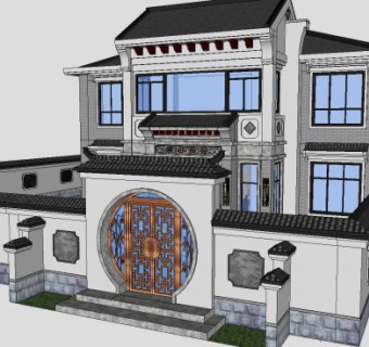 中式别墅庭院建筑户外SU模型下载_sketchup草图大师SKP模型