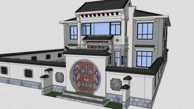 中式别墅庭院建筑户外SU模型下载_sketchup草图大师SKP模型