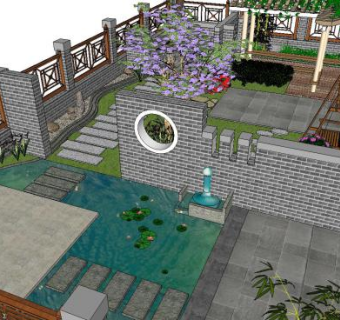 中式假山景观别墅庭院廊架SU模型