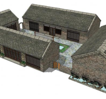 中式农家乐四合院建筑SU模型下载_sketchup草图大师SKP模型