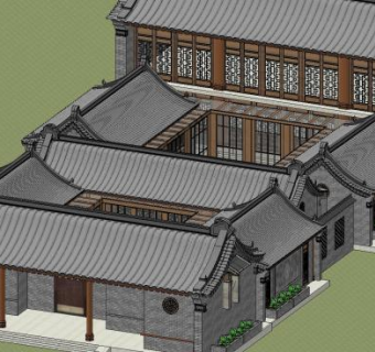 中式复古建筑四合院SU模型下载_sketchup草图大师SKP模型