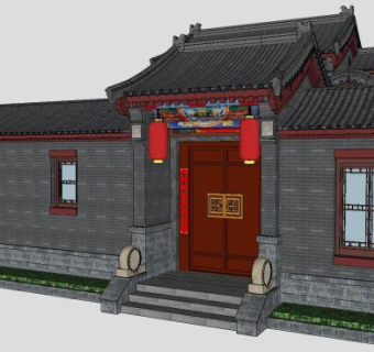 中式四合院建筑户外SU模型下载_sketchup草图大师SKP模型