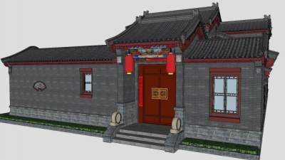 中式四合院建筑户外SU模型下载_sketchup草图大师SKP模型