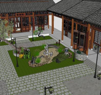 中式四合院建筑景观SU模型下载_sketchup草图大师SKP模型