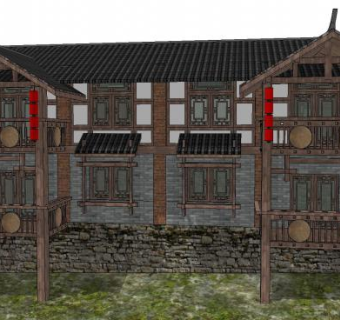 中式农家乐建筑外观SU模型下载_sketchup草图大师SKP模型