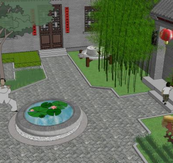 中式户外四合院建筑SU模型下载_sketchup草图大师SKP模型