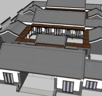 中式复古建筑三进四合院SU模型下载_sketchup草图大师SKP模型