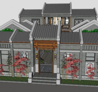 古老四合院中式建筑SU模型下载_sketchup草图大师SKP模型