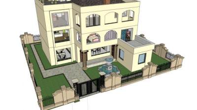 别墅围墙居家住宅户外建筑SU模型下载_sketchup草图大师SKP模型