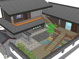 新中式建筑外观家居空间SU模型下载_sketchup草图大师SKP模型