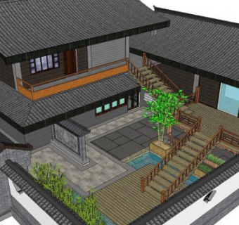 新中式建筑外观家居空间SU模型下载_sketchup草图大师SKP模型