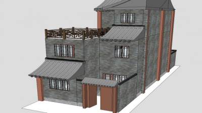 中式民居别墅外观SU模型下载_sketchup草图大师SKP模型