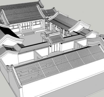 中式三进四合院建筑外观SU模型下载_sketchup草图大师SKP模型