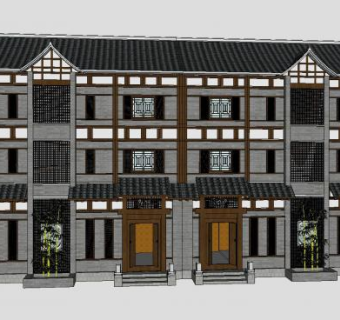 中式风格独栋别墅建筑SU模型下载_sketchup草图大师SKP模型
