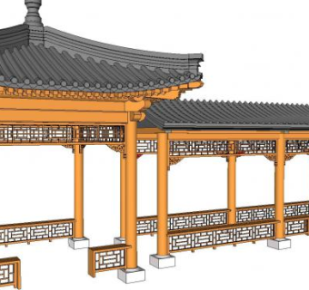 中式长廊古建筑亭子SU模型下载_sketchup草图大师SKP模型