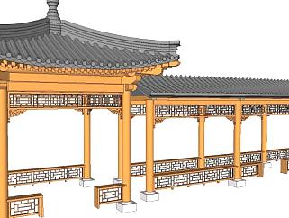 中式长廊古建筑亭子SU模型下载_sketchup草图大师SKP模型