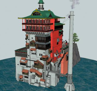 千与千寻建筑海边SU模型下载_sketchup草图大师SKP模型