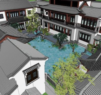 中式别墅四合院外观SU模型下载_sketchup草图大师SKP模型