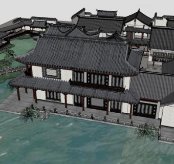 现代古建会所古建筑SU模型下载_sketchup草图大师SKP模型