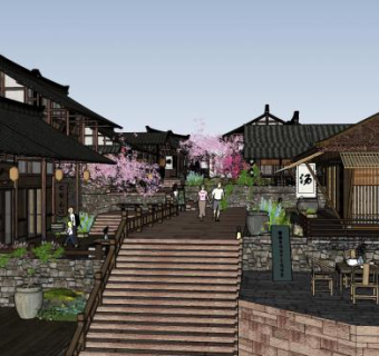 川南精致风情古街古建筑SU模型下载_sketchup草图大师SKP模型