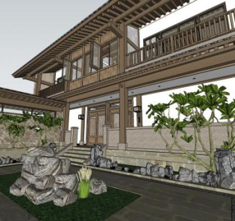 穿斗夯土墙民居古建筑SU模型下载_sketchup草图大师SKP模型