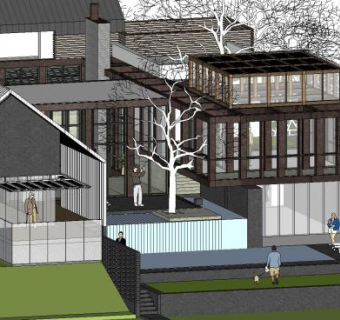 现代四合院青中式别墅民宿酒店SU模型下载_sketchup草图大师SKP模型