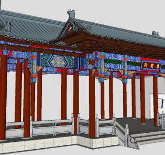 中式大门趵突泉南门景墙SU模型下载_sketchup草图大师SKP模型