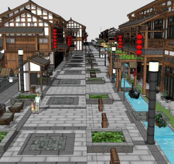 中式古街川东风格古建筑SU模型下载_sketchup草图大师SKP模型