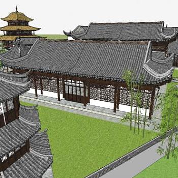 中式风格岳阳楼古建筑群SU模型下载_sketchup草图大师SKP模型