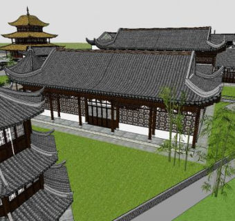 中式风格岳阳楼古建筑群SU模型下载_sketchup草图大师SKP模型