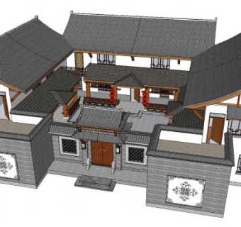 中式风格合院四合院SU模型下载_sketchup草图大师SKP模型