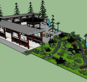 艺术风格古建筑文化廊民风廊SU模型下载_sketchup草图大师SKP模型