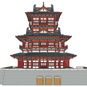 汉唐风阁楼中式古建筑SU模型下载_sketchup草图大师SKP模型