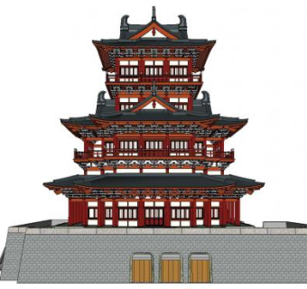 汉唐风阁楼中式古建筑SU模型下载_sketchup草图大师SKP模型