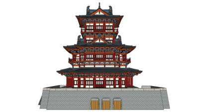 汉唐风阁楼中式古建筑SU模型下载_sketchup草图大师SKP模型