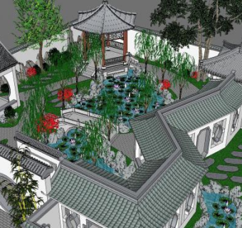 中式围墙拱桥风景区小公园SU模型下载_sketchup草图大师SKP模型