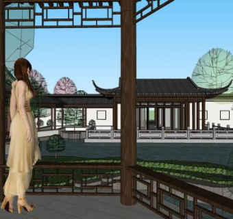 中式古建绿城风别墅SU模型下载_sketchup草图大师SKP模型