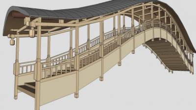 中式仿古建筑长廊桥SU模型下载_sketchup草图大师SKP模型