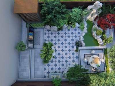 中式小院子尖桩篱栅庭院SU模型