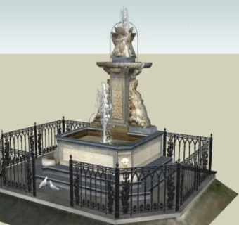 欧式铁艺围栏艺术石雕喷泉SU模型下载_sketchup草图大师SKP模型