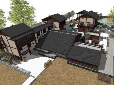 中式乡村民宿酒店建筑SU模型下载_sketchup草图大师SKP模型