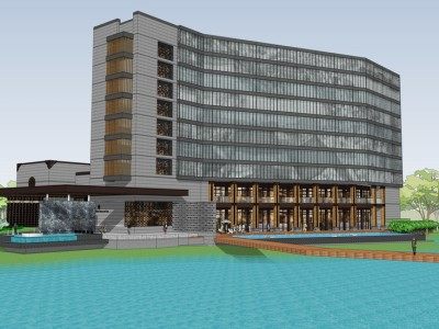 现代中式酒店建筑SU模型下载_sketchup草图大师SKP模型