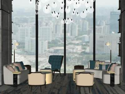 新中式风格酒店休息区建筑SU模型下载_sketchup草图大师SKP模型