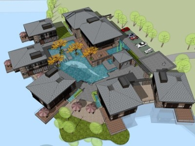 新中式温泉酒店建筑SU模型下载_sketchup草图大师SKP模型