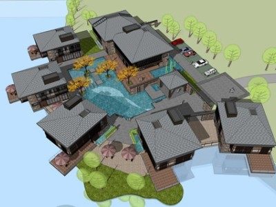 新中式温泉酒店建筑SU模型下载_sketchup草图大师SKP模型