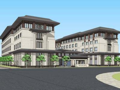 新中式豪华酒店建筑SU模型下载_sketchup草图大师SKP模型