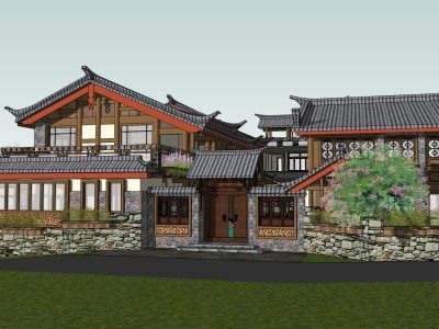 特色仿古风格旅馆酒店建筑SU模型下载_sketchup草图大师SKP模型