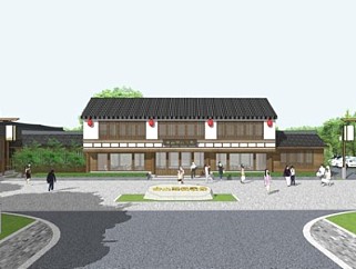 中式农家乐酒店建筑SU模型下载_sketchup草图大师SKP模型
