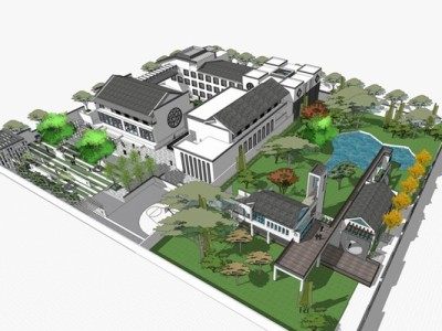 中式徽派酒店建筑SU模型下载_sketchup草图大师SKP模型